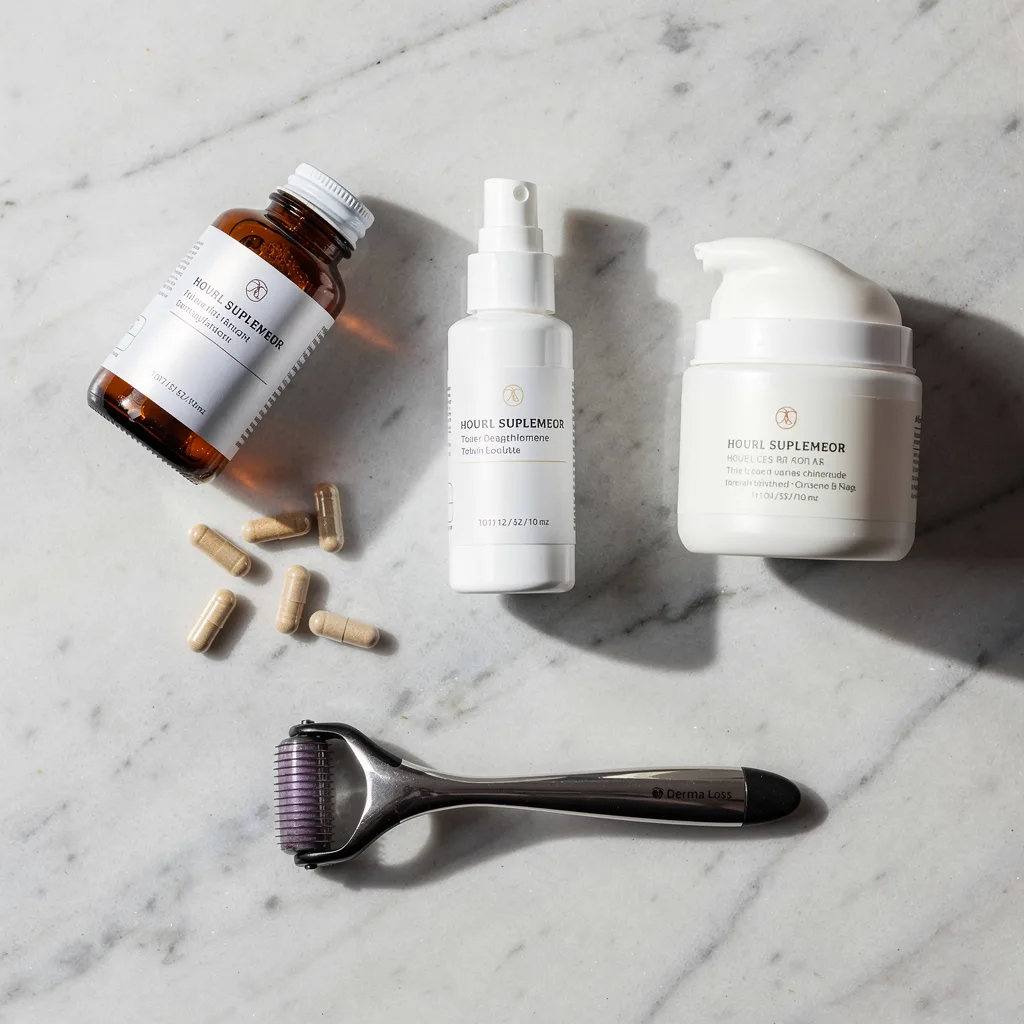 Hair loss treatment products on marble surface